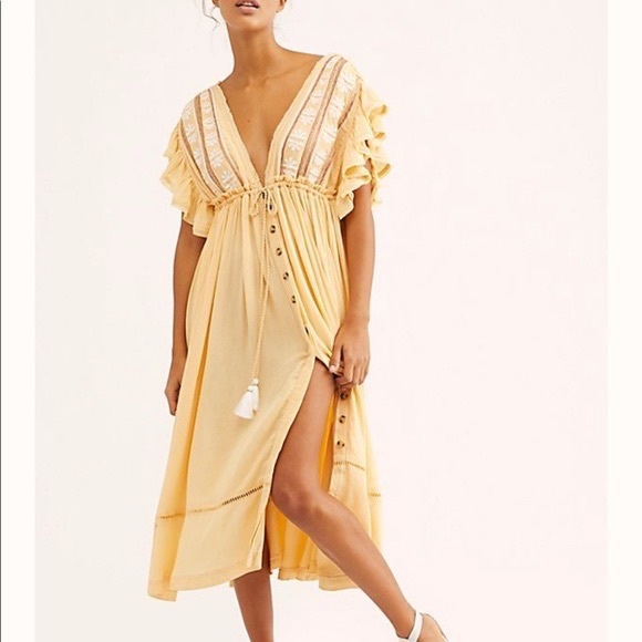 [FREE PEOPLE] WILL WAIT FOR YOU BOHO YELLOW EMBROIDERED FLORAL MIDI DRESS - Picture 1 of 13